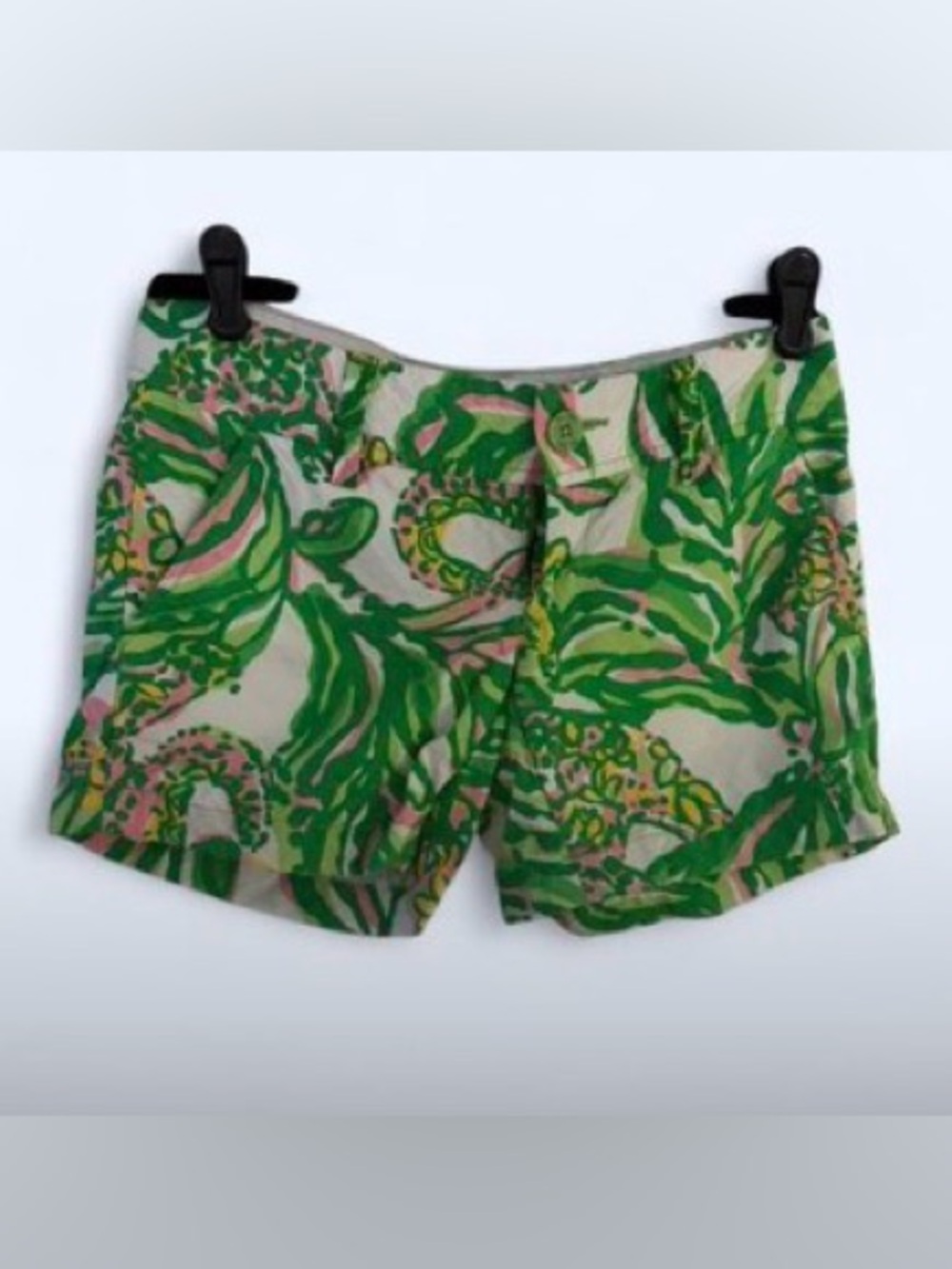 Lilly Pulitzer Green Tropical Leaf Print Shorts with Pink Accents